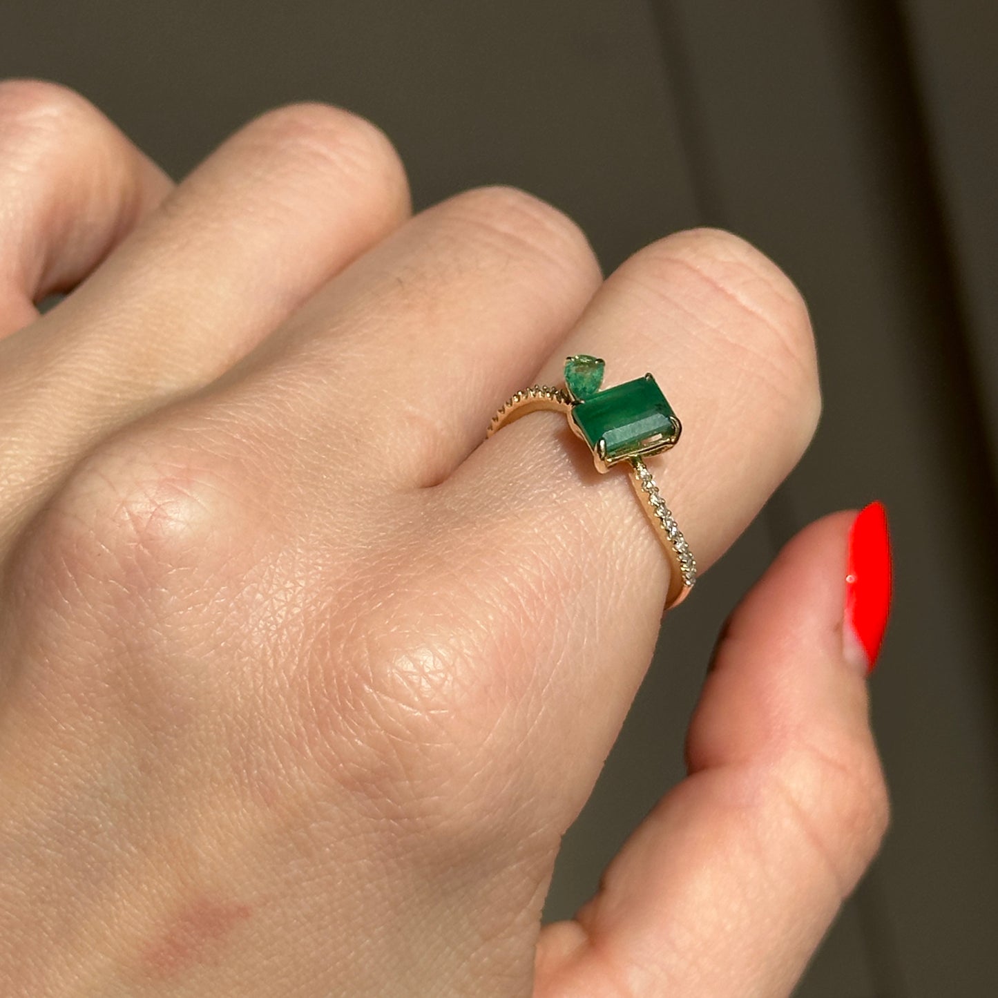 14KT Yellow Gold Pear + Emerald-Cut Emerald Ring