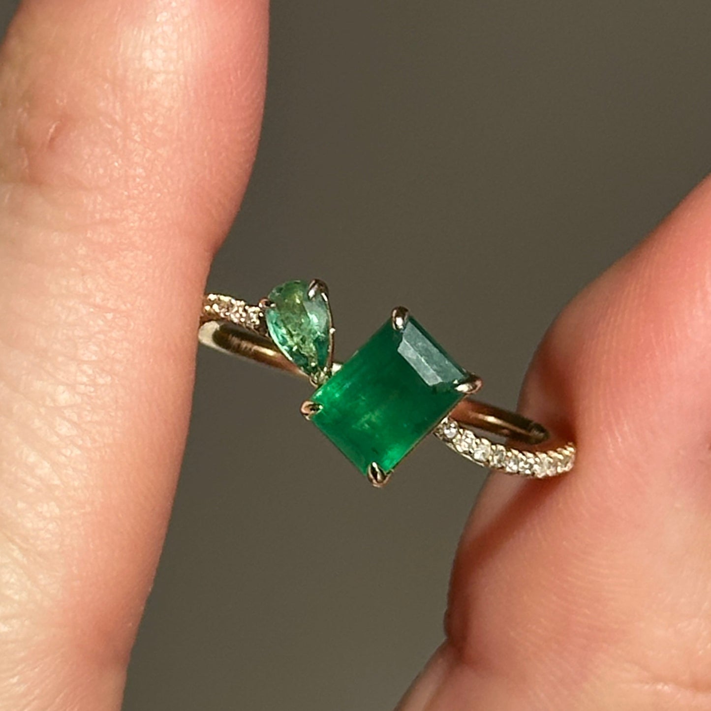 14KT Yellow Gold Pear + Emerald-Cut Emerald Ring
