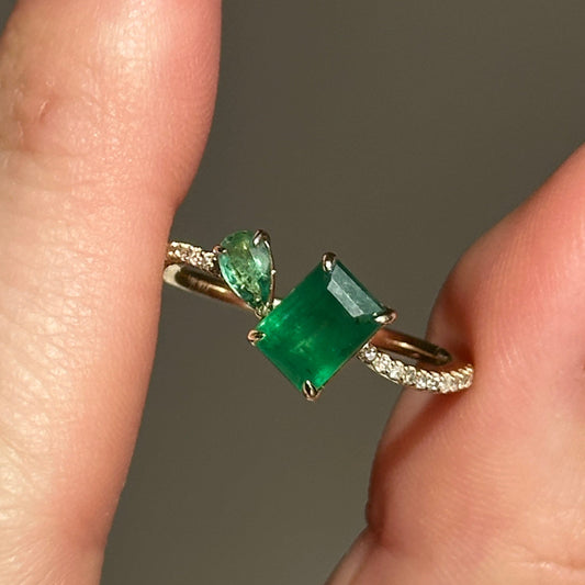 14KT Yellow Gold Pear + Emerald-Cut Emerald Ring
