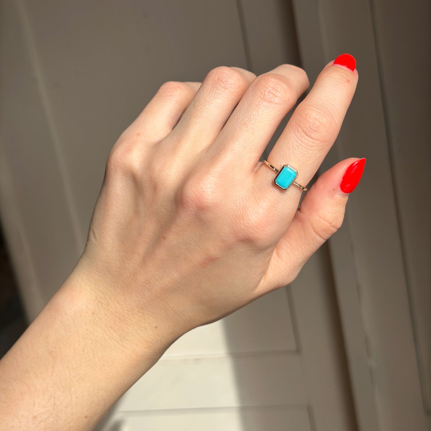 14KT Yellow Gold Emerald-Cut Turquoise + Diamond Band Ring