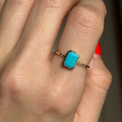 14KT Yellow Gold Emerald-Cut Turquoise + Diamond Band Ring