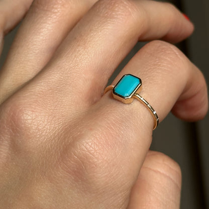 14KT Yellow Gold Emerald-Cut Turquoise + Diamond Band Ring