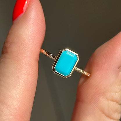 14KT Yellow Gold Emerald-Cut Turquoise + Diamond Band Ring