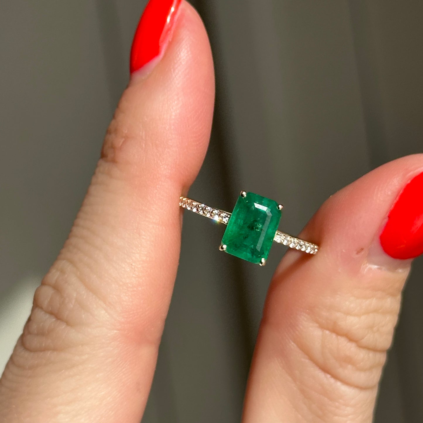 Estate 14KT Yellow Gold Emerald-Cut Emerald + Diamond Band Ring