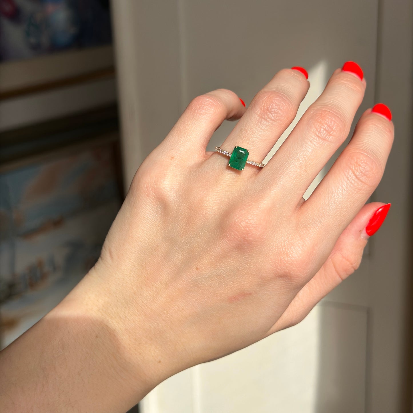 Estate 14KT Yellow Gold Emerald-Cut Emerald + Diamond Band Ring