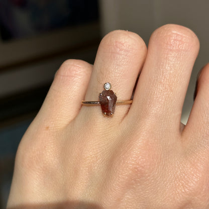 14KT Yellow Gold Coffin Red Salt & Pepper + Round White Diamond Ring - LSJ