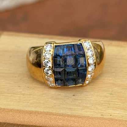 Estate 18KT Yellow Gold Princess-Cut Blue Sapphire + Pave Diamond Band Ring