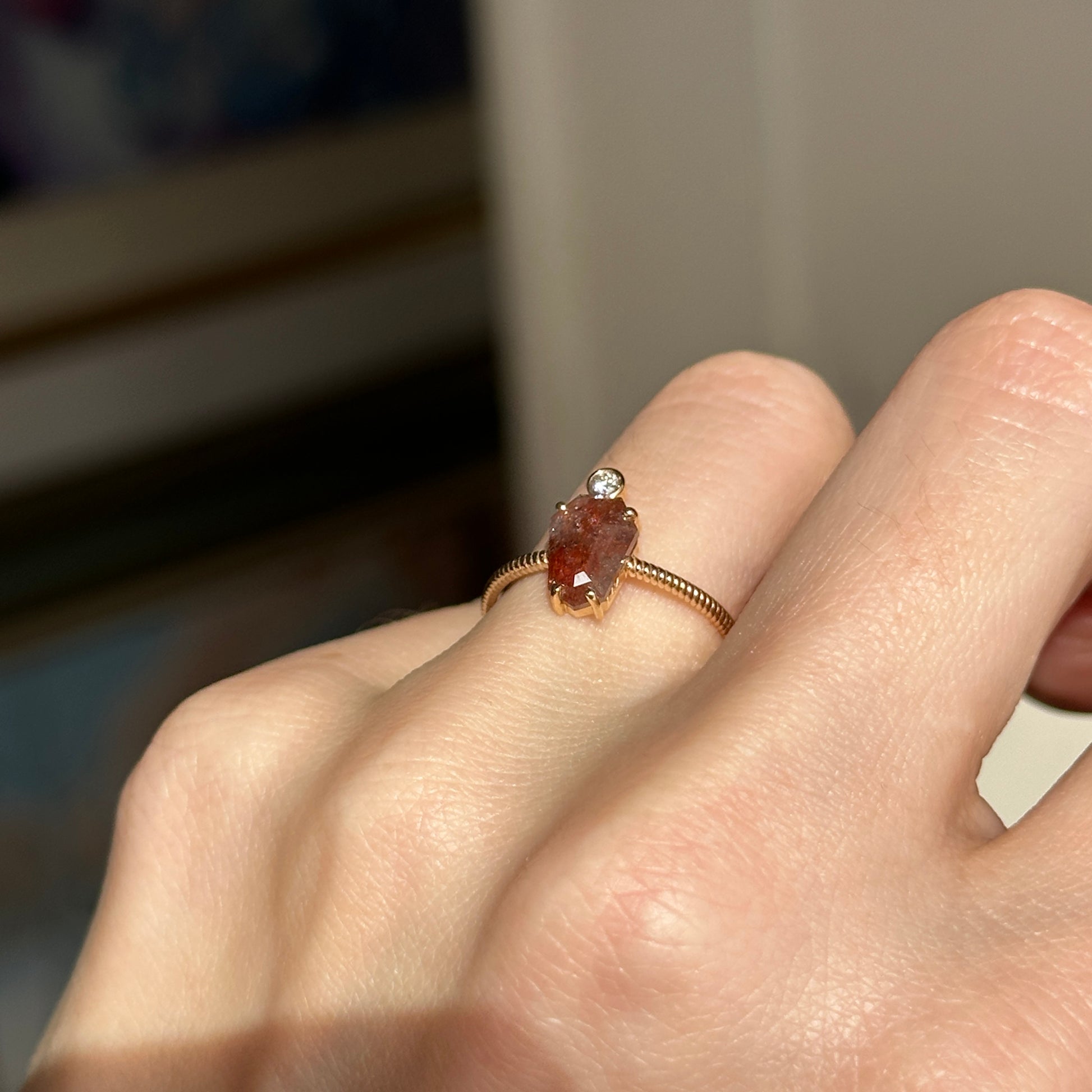 14KT Yellow Gold Coffin Red Salt & Pepper + Round White Diamond Ring - LSJ