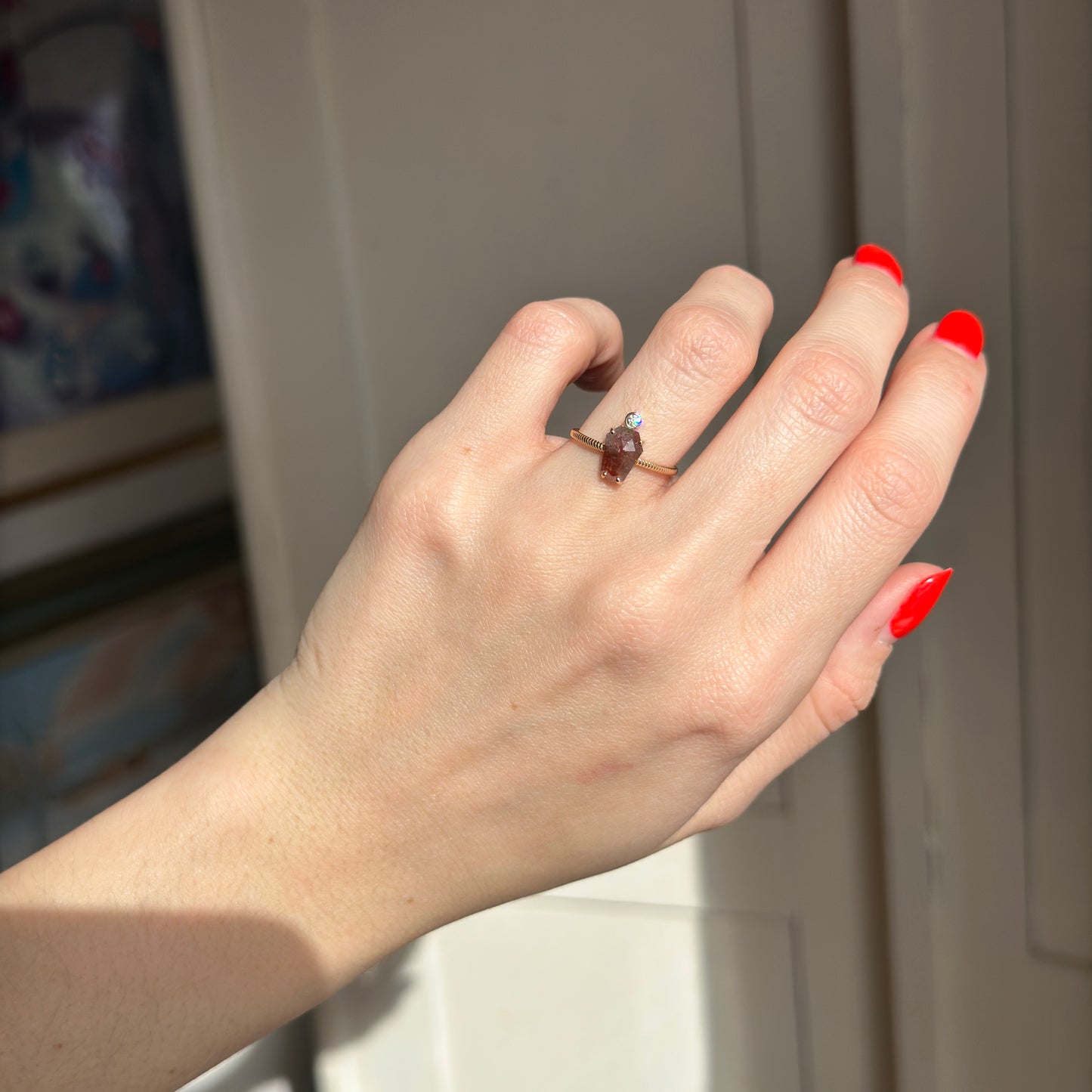 14KT Yellow Gold Coffin Red Salt & Pepper + Round White Diamond Ring - LSJ