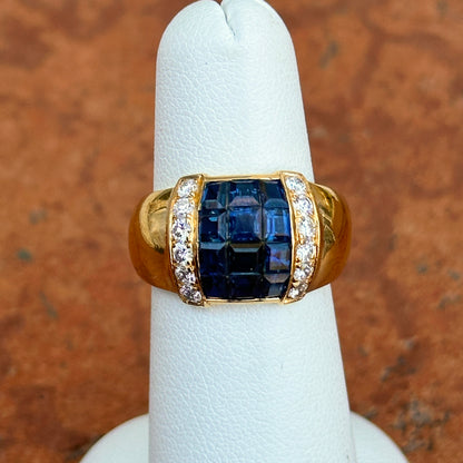 Estate 18KT Yellow Gold Princess-Cut Blue Sapphire + Pave Diamond Band Ring