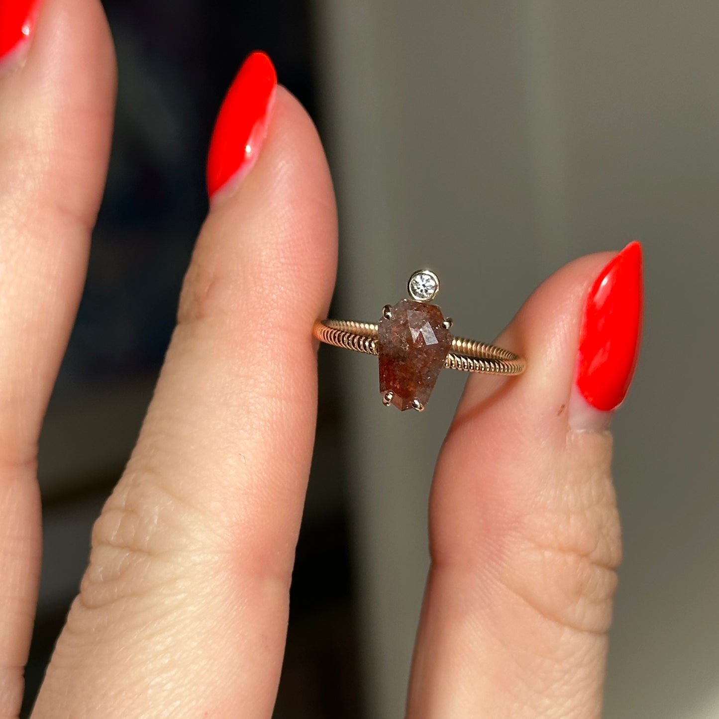 14KT Yellow Gold Coffin Red Salt & Pepper + Round White Diamond Ring - LSJ