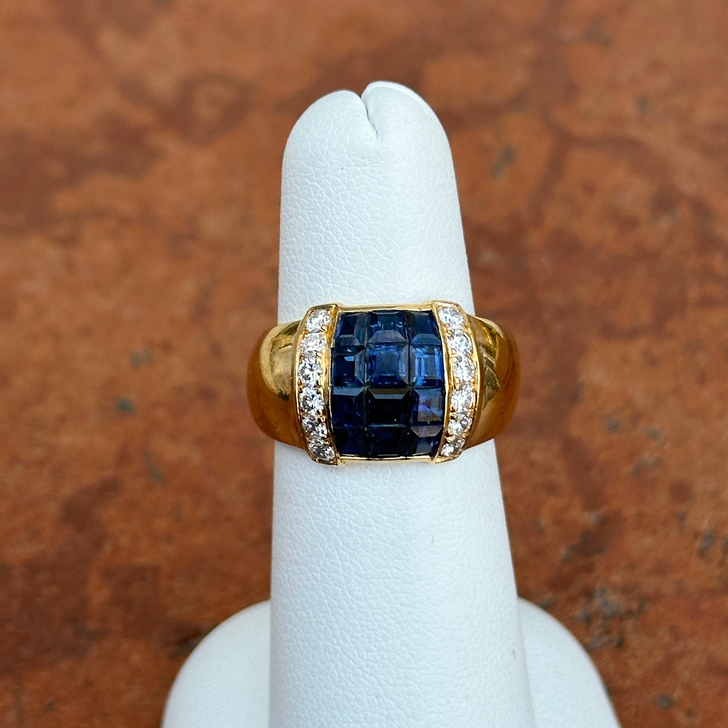 Estate 18KT Yellow Gold Princess-Cut Blue Sapphire + Pave Diamond Band Ring