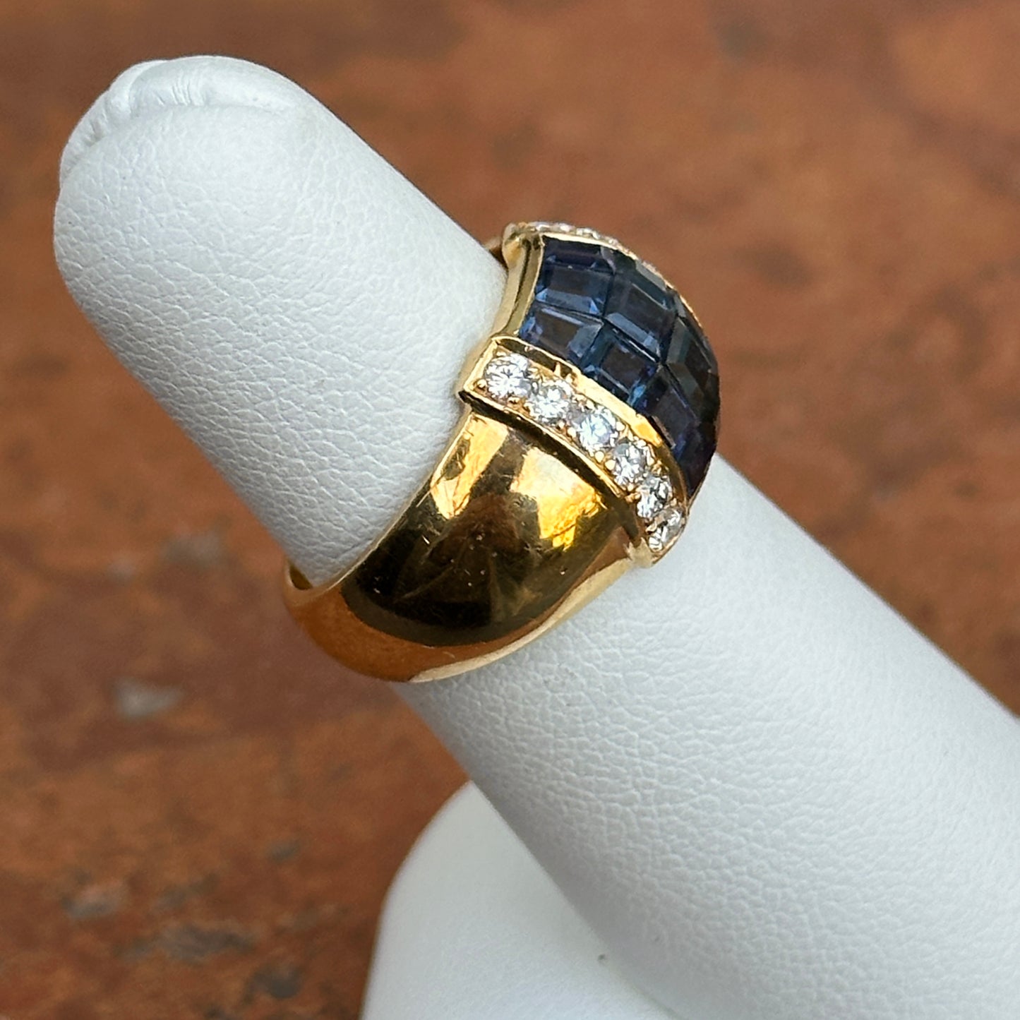 Estate 18KT Yellow Gold Princess-Cut Blue Sapphire + Pave Diamond Band Ring