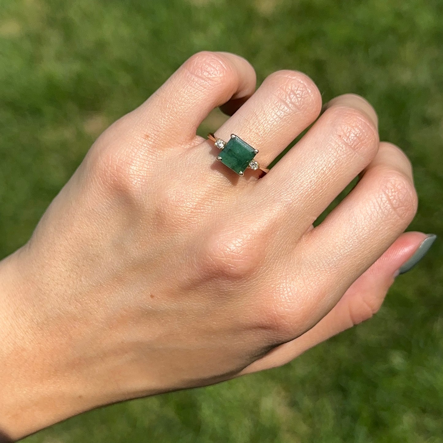 Estate 14KT Yellow Gold Emerald-Cut Emerald + Side Diamond Ring
