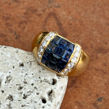 Estate 18KT Yellow Gold Princess-Cut Blue Sapphire + Pave Diamond Band Ring