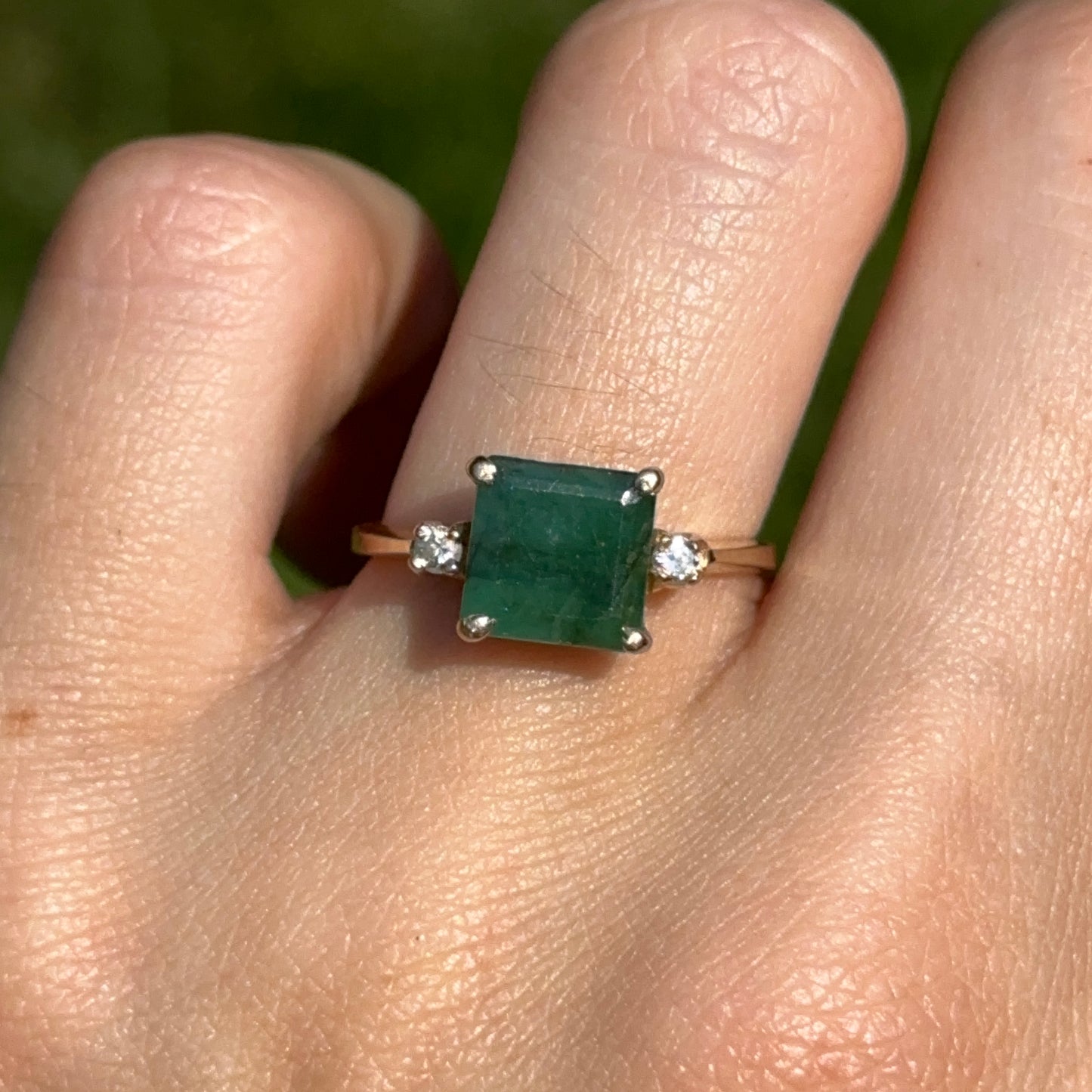 Estate 14KT Yellow Gold Emerald-Cut Emerald + Side Diamond Ring