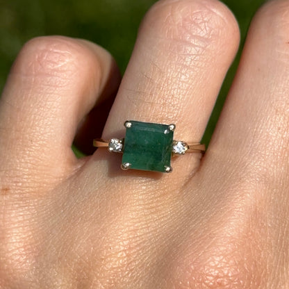 Estate 14KT Yellow Gold Emerald-Cut Emerald + Side Diamond Ring