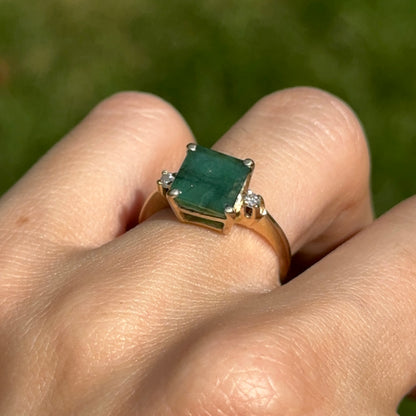 Estate 14KT Yellow Gold Emerald-Cut Emerald + Side Diamond Ring