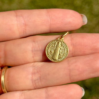18KT Yellow Gold Matte St Benedict Round Medal Pendant 14mm