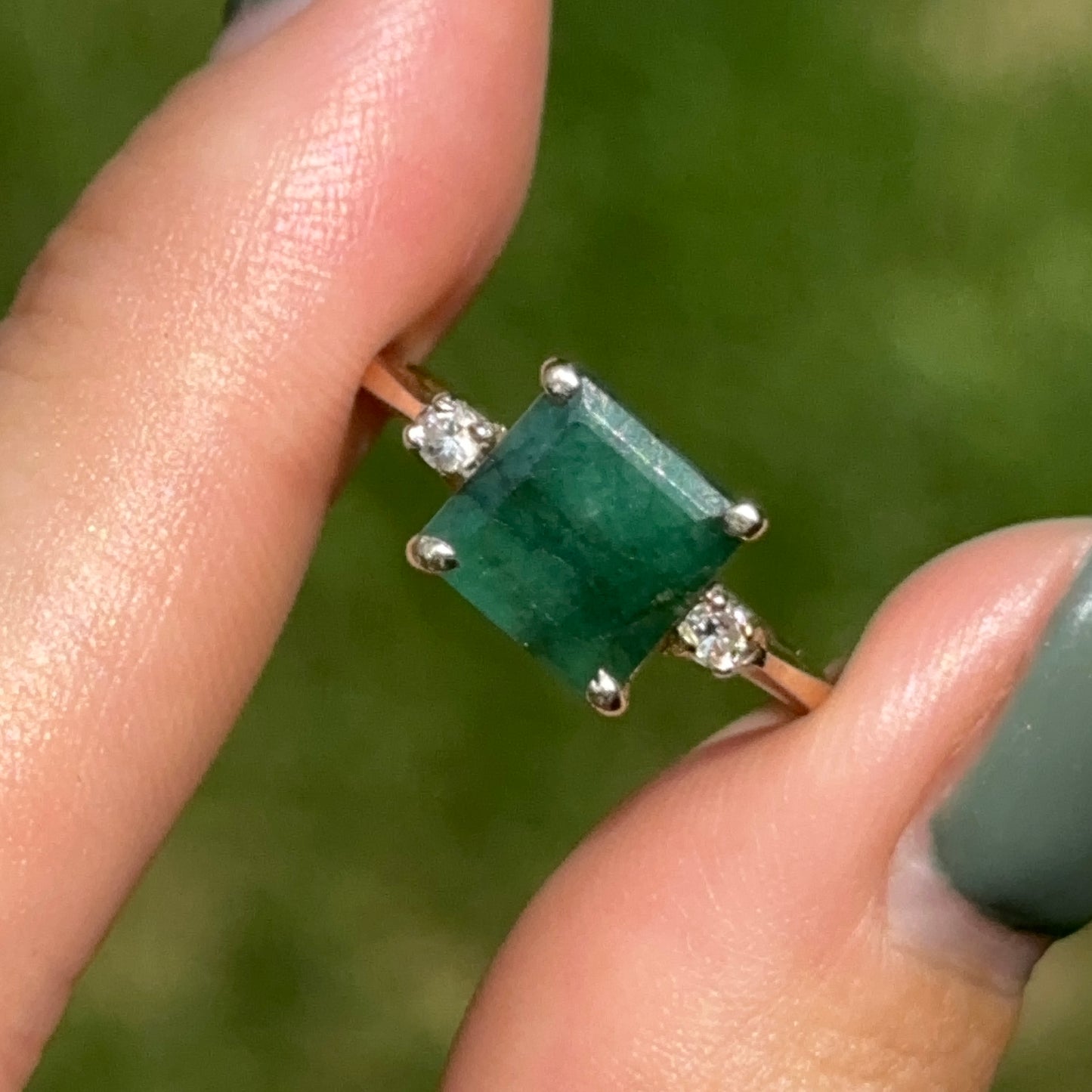 Estate 14KT Yellow Gold Emerald-Cut Emerald + Side Diamond Ring