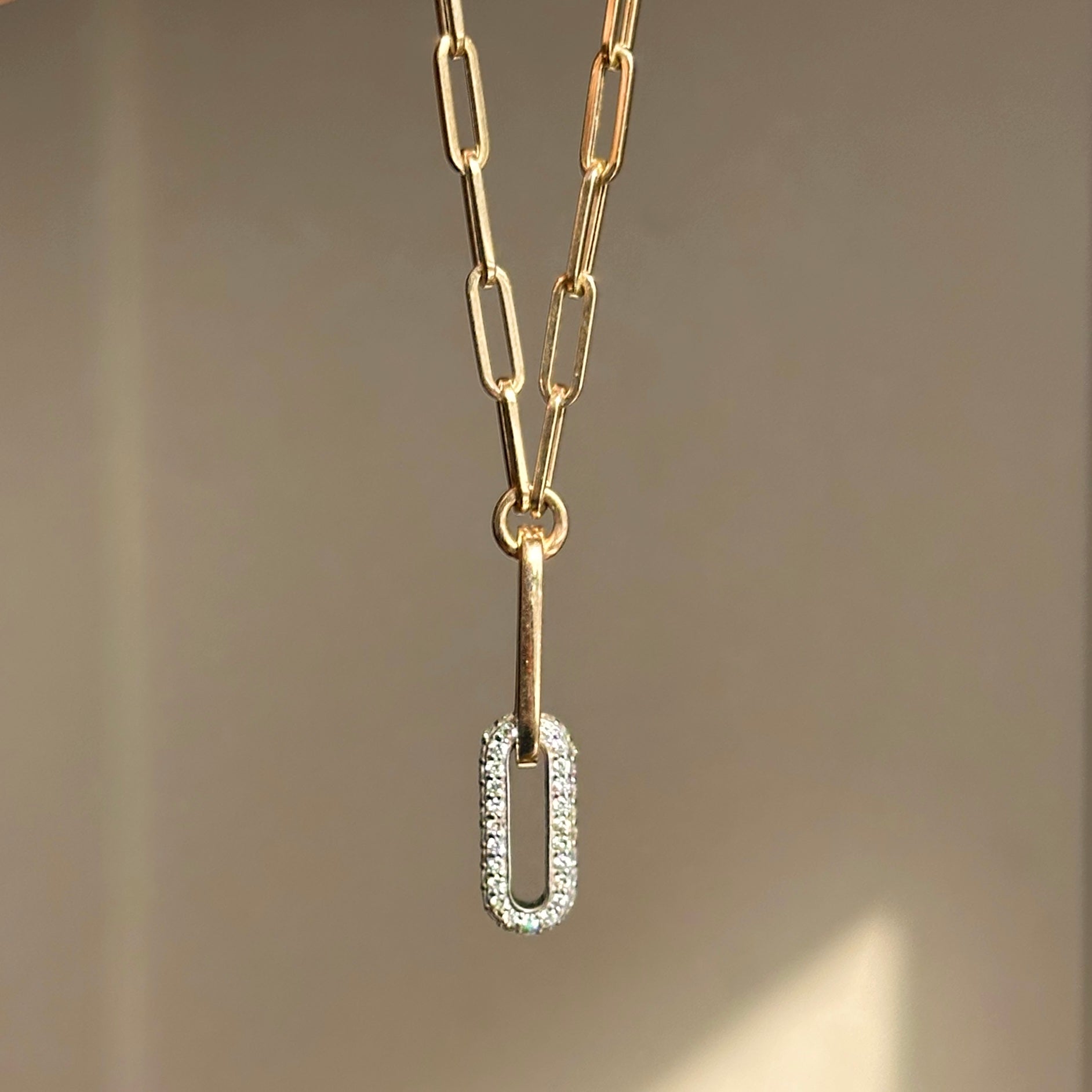 14KT Yellow & White Gold Paperclip Chain + Round Diamond Drop 15.75'' - LSJ