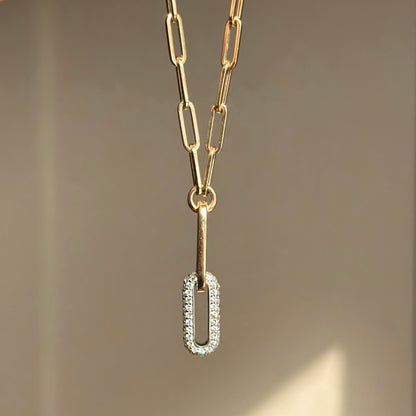 14KT Yellow & White Gold Paperclip Chain + Round Diamond Drop 15.75'' - LSJ
