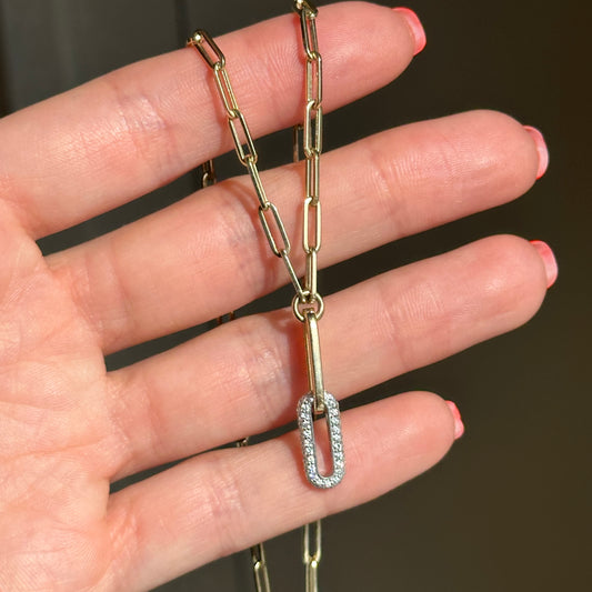 14KT Yellow & White Gold Paperclip Chain + Round Diamond Drop 15.75'' - LSJ