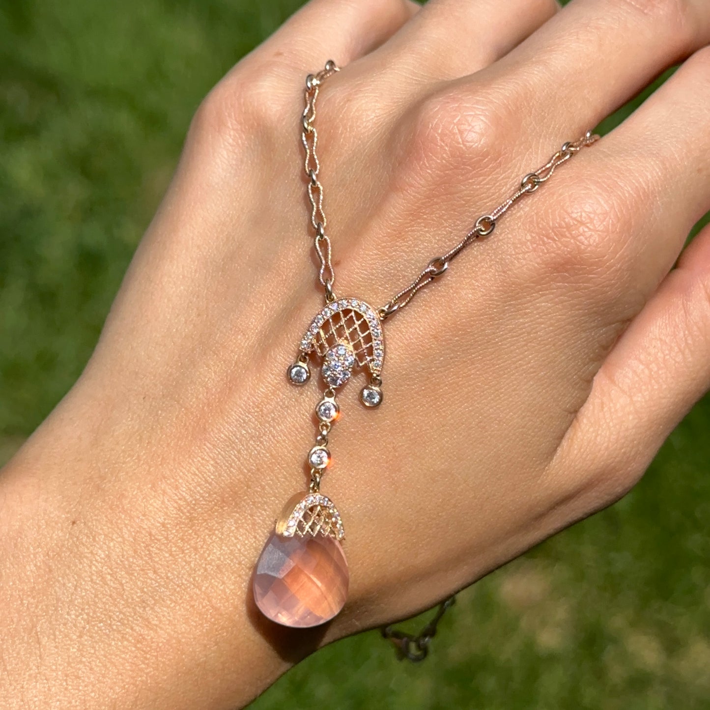 Estate 14KT Rose Gold Rose Quartz + Diamond Twisted Link Lariat Necklace