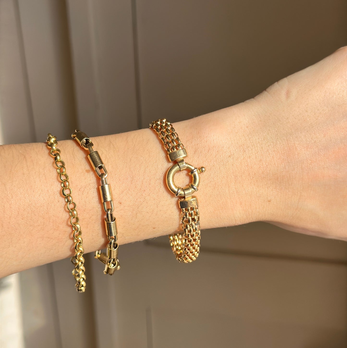 Estate 14KT Yellow Gold Open Weave Link Bracelet + Fancy Spring Ring 7”