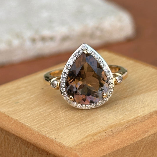 Estate 14KT Yellow Gold Pear Brown Tourmaline + Diamond Halo Ring