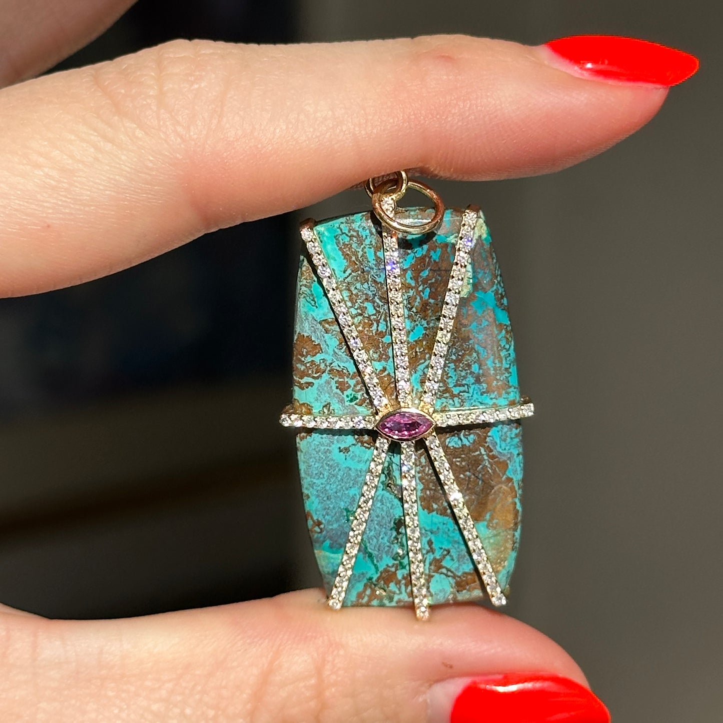 14KT Yellow Gold Rectangle Turquoise, Pink Sapphire, + Diamond Pendant