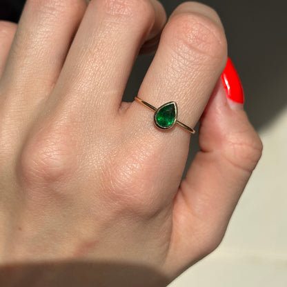 14KT Yellow Gold .65 CT Pear Emerald Bezel Ring