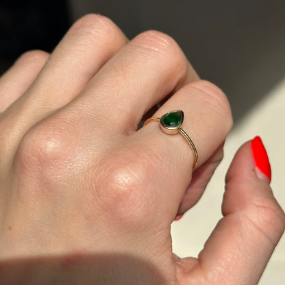 14KT Yellow Gold .65 CT Pear Emerald Bezel Ring