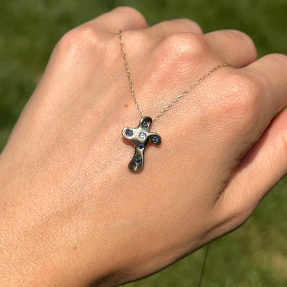 Estate 14KT Yellow Gold Sapphire + Diamond Cross Slide Necklace