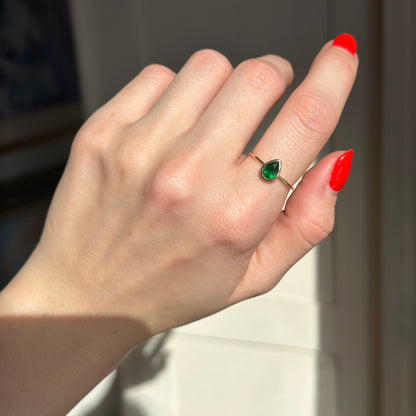 14KT Yellow Gold .65 CT Pear Emerald Bezel Ring