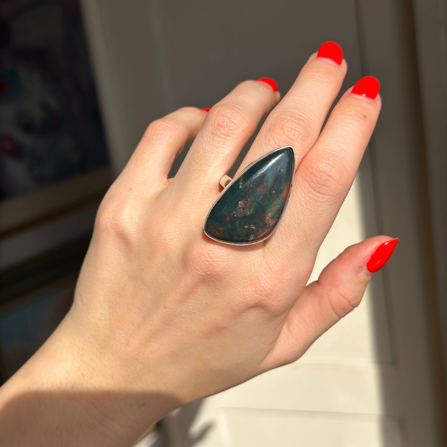 Estate Sterling Silver Large Bezel Bloodstone Ring