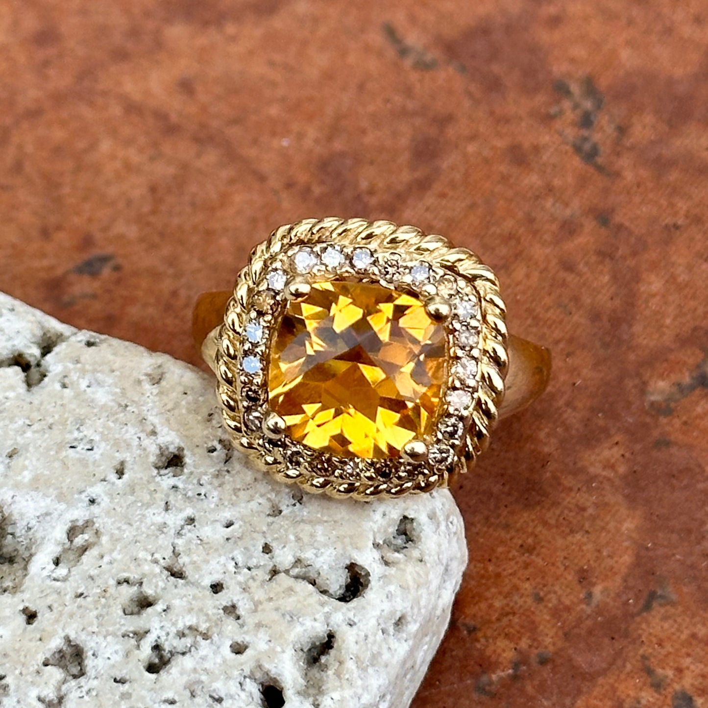 Estate 14KT Yellow Gold Cushion Citrine + Diamond Halo Ring