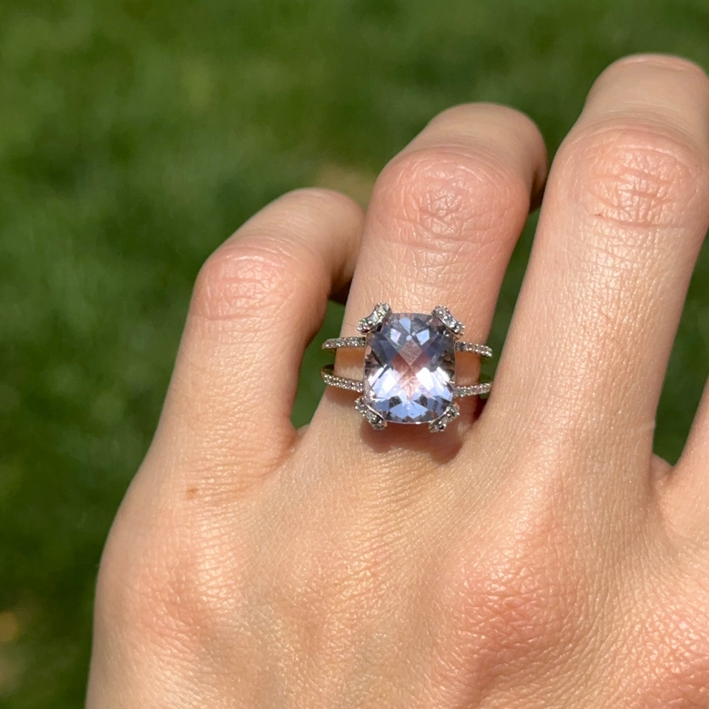 Estate 10KT Yellow Gold Cushion Amethyst + Diamond Ring
