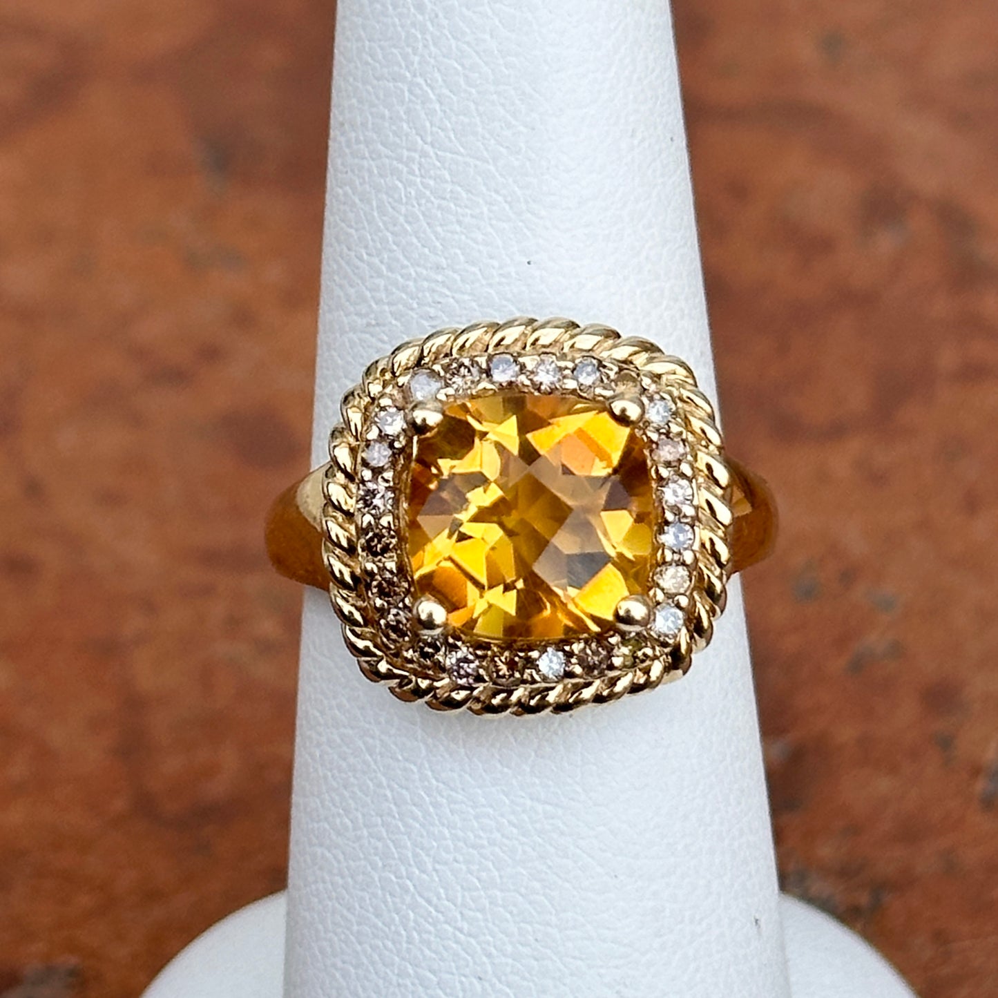 Estate 14KT Yellow Gold Cushion Citrine + Diamond Halo Ring