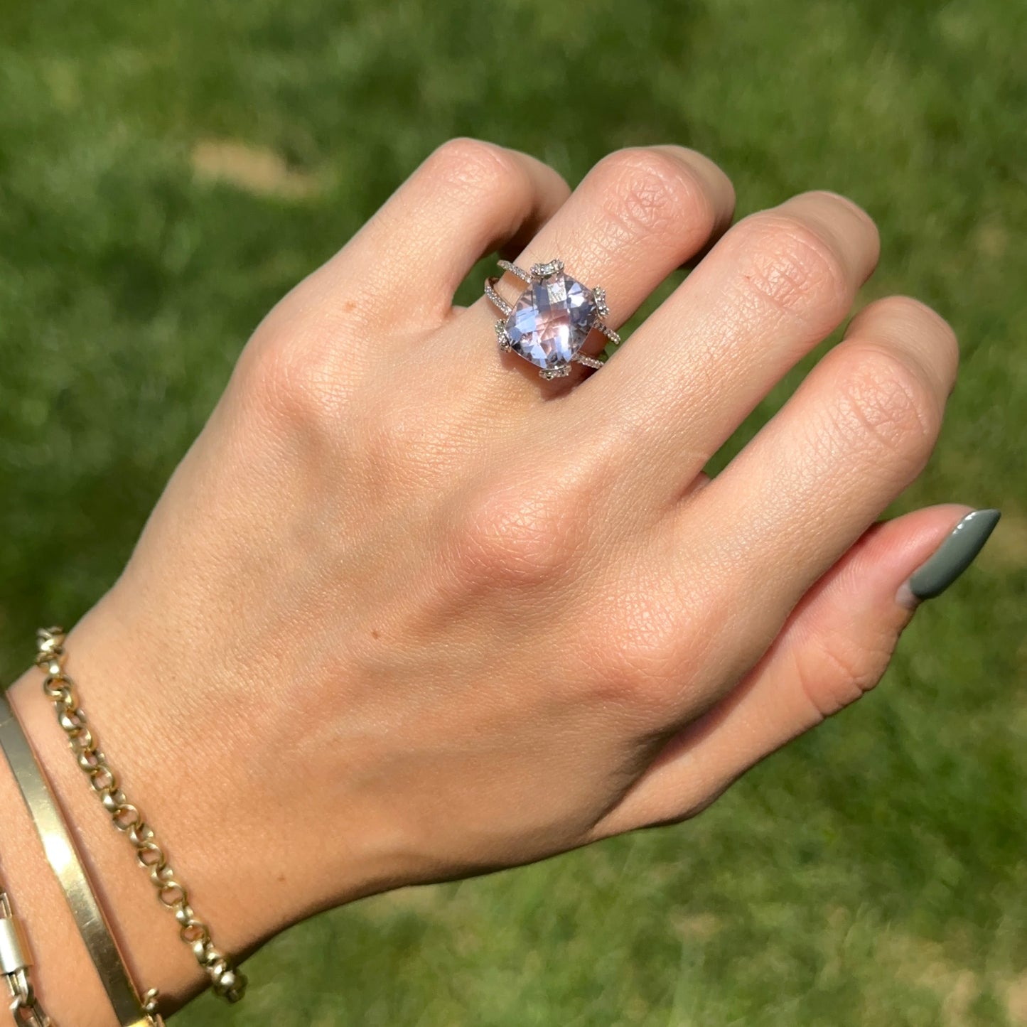Estate 10KT Yellow Gold Cushion Amethyst + Diamond Ring