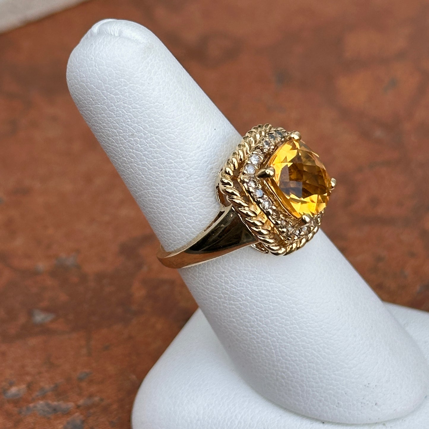 Estate 14KT Yellow Gold Cushion Citrine + Diamond Halo Ring