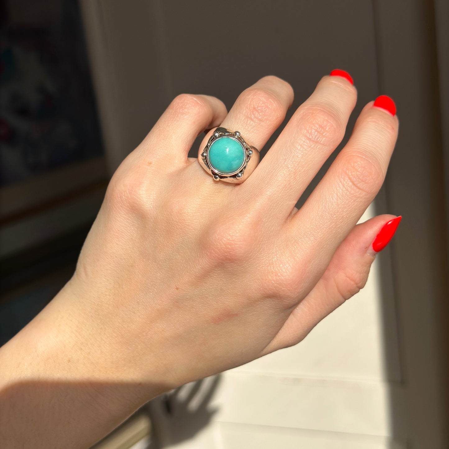 Estate Sterling Silver Round Turquoise Dome Ring