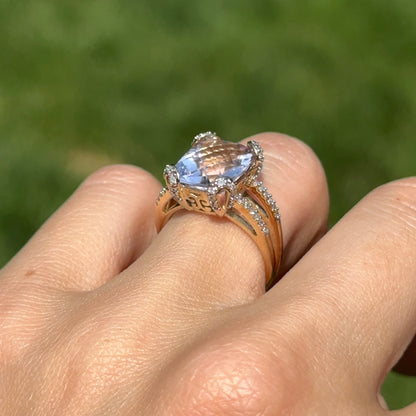 Estate 10KT Yellow Gold Cushion Amethyst + Diamond Ring