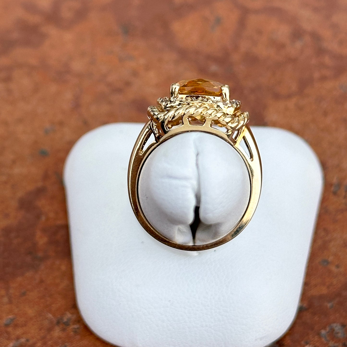 Estate 14KT Yellow Gold Cushion Citrine + Diamond Halo Ring