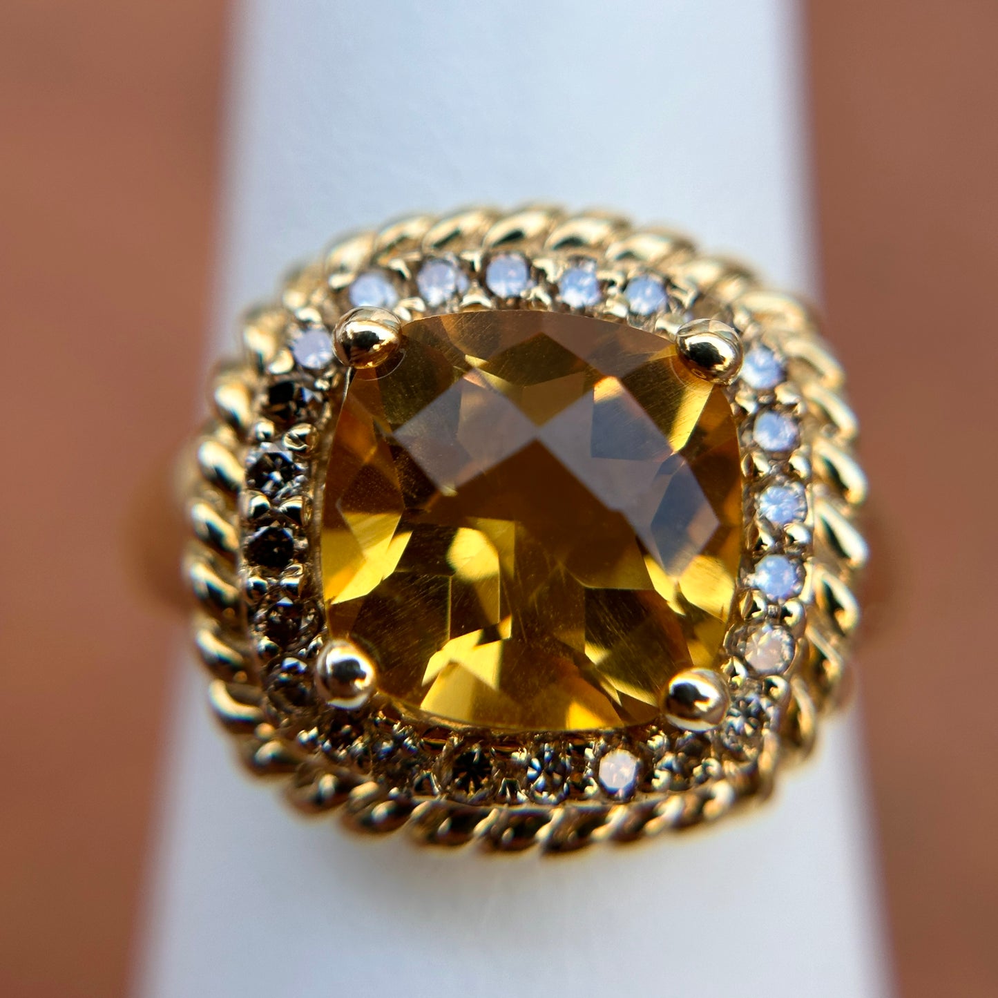 Estate 14KT Yellow Gold Cushion Citrine + Diamond Halo Ring