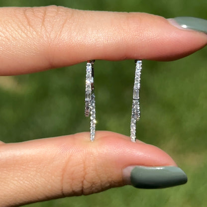 Estate 14KT White Gold Baguette Diamond Huggie Hoop Dangle Earrings