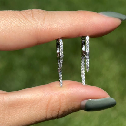 Estate 14KT White Gold Baguette Diamond Huggie Hoop Dangle Earrings