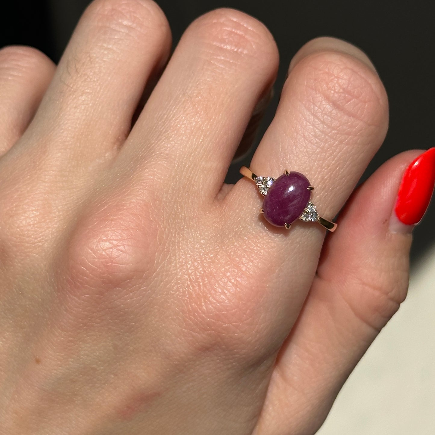 Estate 14KT Yellow Gold Oval Cabochon Ruby + Diamond Ring