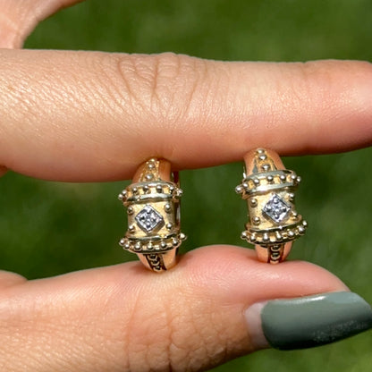 Estate 14KT Yellow Gold Beaded Diamond Huggie Hoop Earrings