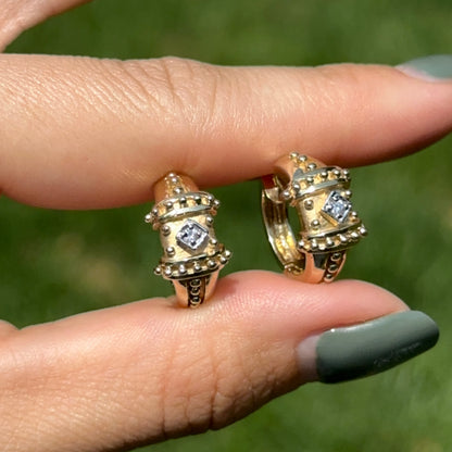 Estate 14KT Yellow Gold Beaded Diamond Huggie Hoop Earrings